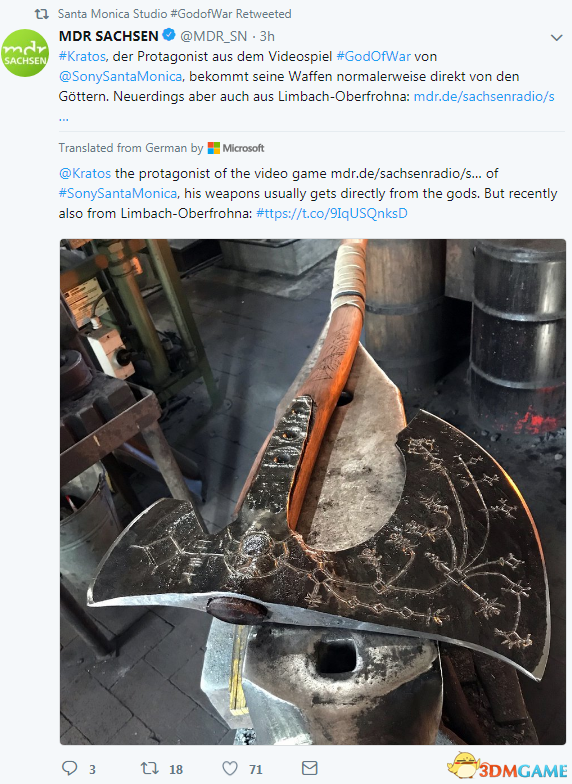 圣莫妮卡工作室委托德国铁匠打造《战神4》奎托斯利维坦战斧