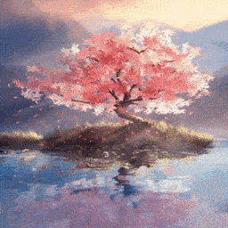 是一款精美的风景绘画动态壁纸,画面是湖中小岛上的樱树,带有樱花飘落