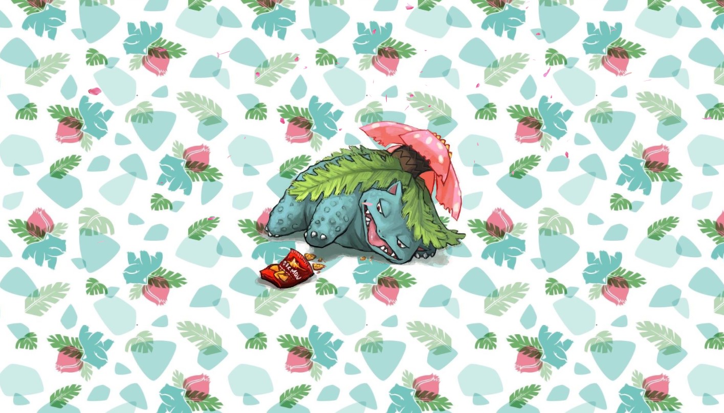 的可爱动态壁纸,画面是躺在零食旁边的妙蛙花,背景带有妙蛙种子的彩色