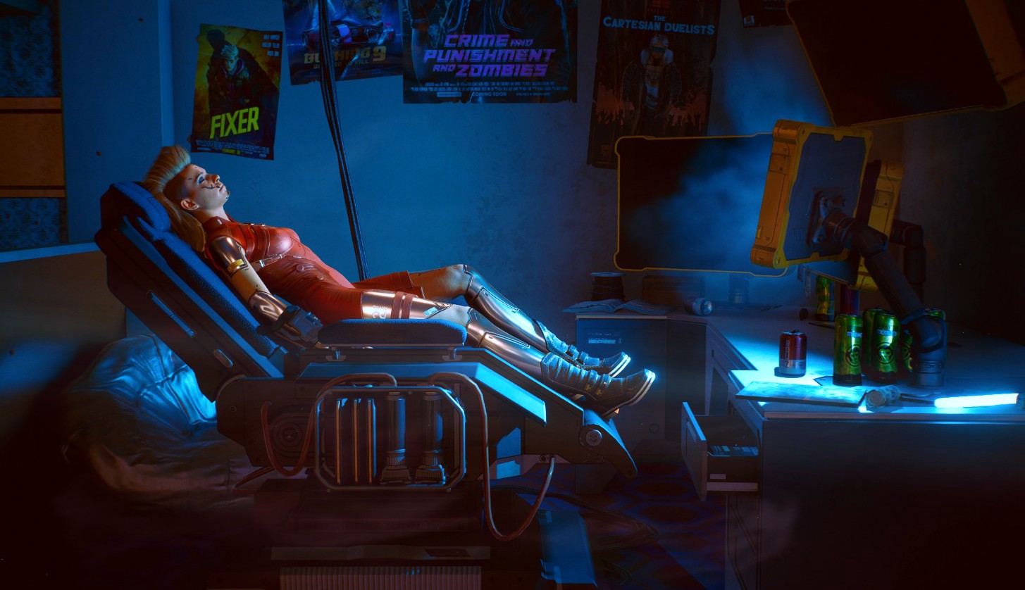 是游戏《赛博朋克2077》的场景动态壁纸,画面是角色躺在房间中的场景