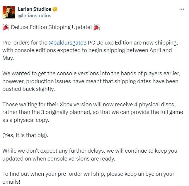 《博德之門3》PC豪華版開始發貨 主機版宣布延期