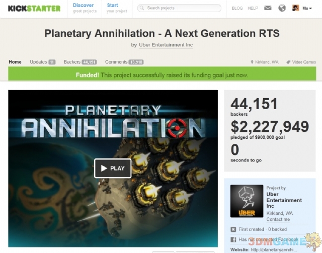 游戏新消息：222万美元横扫千星Kickstarter集资大获全胜