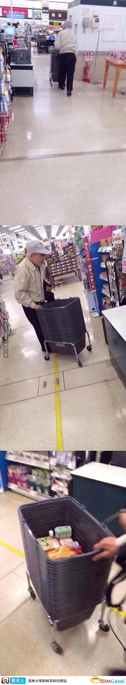 一位呆萌的老爷爷逛超市,把一大摞筐当成购物车推走了……根本不给其他客人购物的机会啊,隐隐感受到了土 豪的霸气!