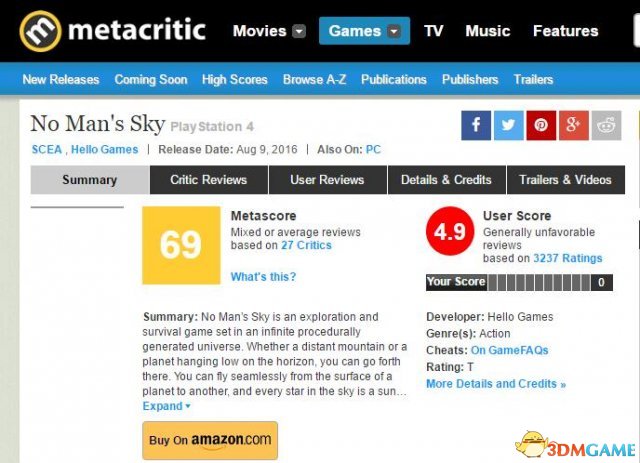 Metacritic评分：69分，玩家评分目前比较低，只有4.9分