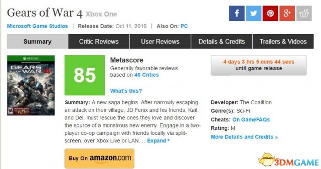 战争机器4 Metacritic目前平均分85分