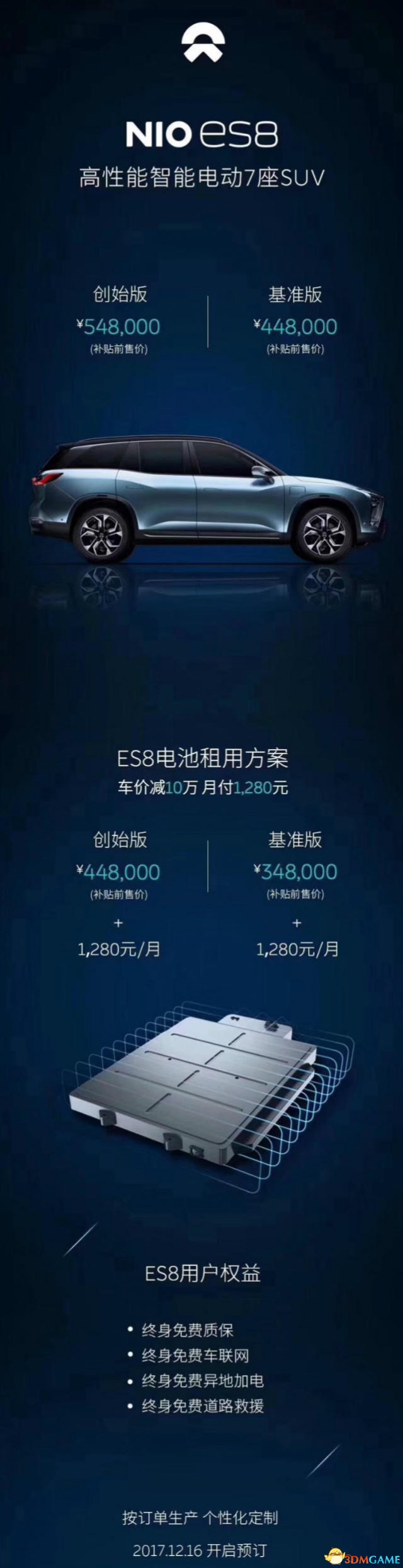 蔚来ES8正式上市 基准版售价44.8万电池可以租用