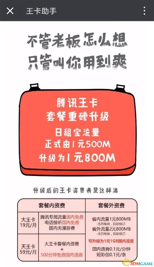 腾讯王卡默认套餐免费升级：日租流量1元800MB至1G