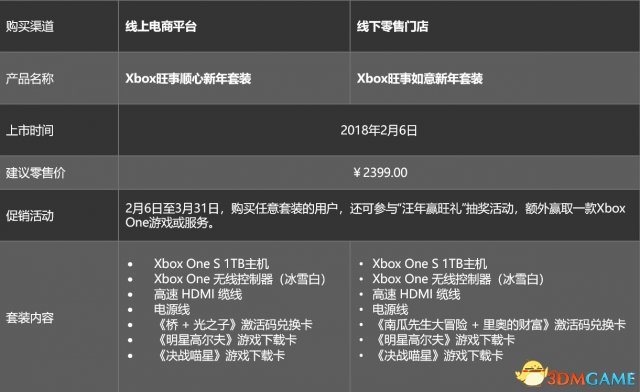 微软Xbox狗年新春贺岁套装，2月6日起，2399元限量发售