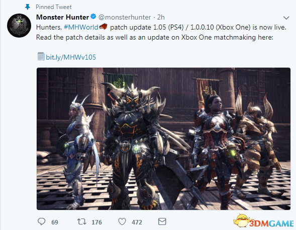 《怪物猎人：世界》官方推特日前公布了PS4 1.05/Xbox One 1.0.0.10版更新的消息，据官方页面来看这次PS4 1.05版/Xbox 1.0.0.10版已经延期。本次更新调整内容比较多，主要修复小队搜索问题，延长500万销量道具包活动