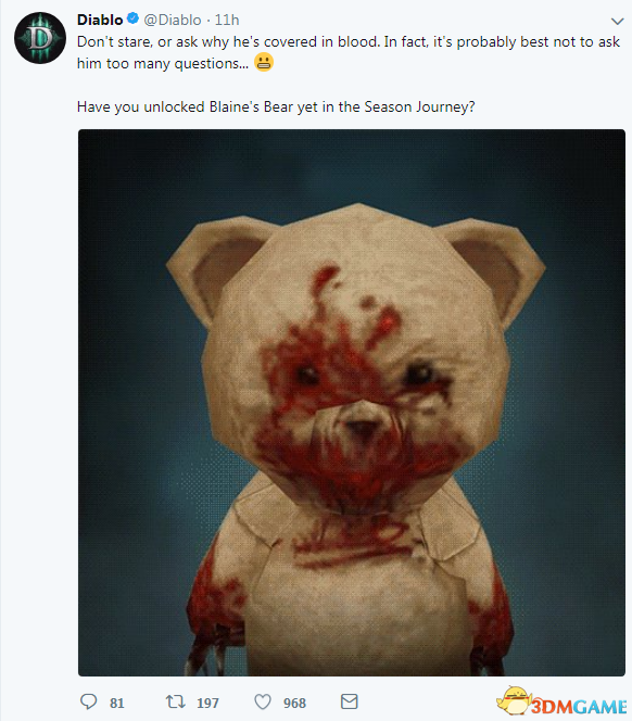《暗黑破坏神3》官方发血腥小熊演示 分享获取方法