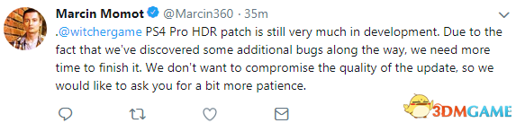 《巫师3》PS4 Pro HDR补丁仍在制作 有bug耐心等