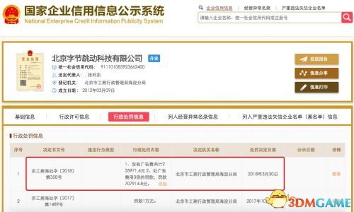 北京市工商局对古日头条止政处分 奖款总计94万元