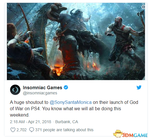 《战神4》发售好评如潮 各大开发商纷纷发推祝贺