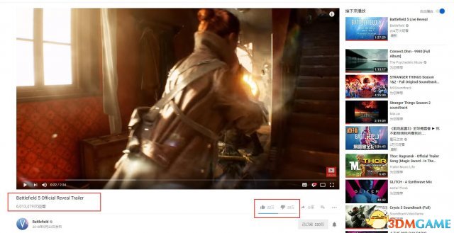 《战地5》预告片目前看量已经超过600万，但差评量达到了20万，可见本作给国外玩家的印象不是太好。。。