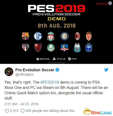 《实况足球2019》8月8日全平台试玩 支持在线比赛