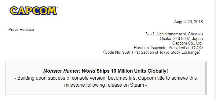 《怪物猎人：世界》太水爆 齐仄台销量冲破万万份