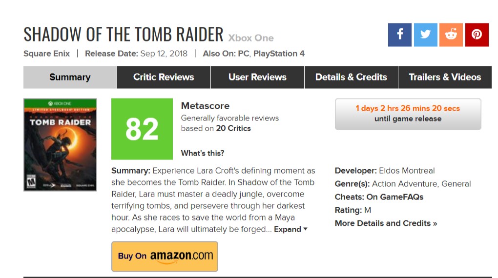 《古墓丽影：暗影》首批评分公布 IGN 9分 GameSpot 6分