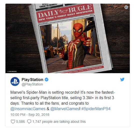 《蜘蛛侠》3天销量破330万 成PS史上最热销第1圆做品