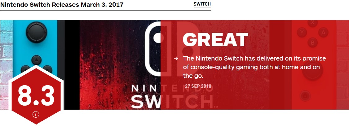 IGN重评Switch：8.3分 兑现了起初的承诺