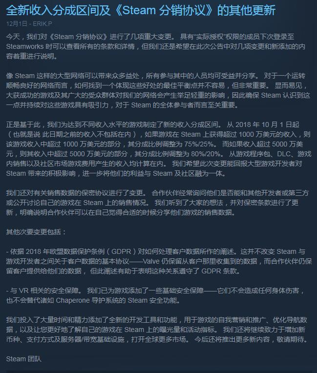 良心上调开发者分成  Steam官方发布《分销协议》更新