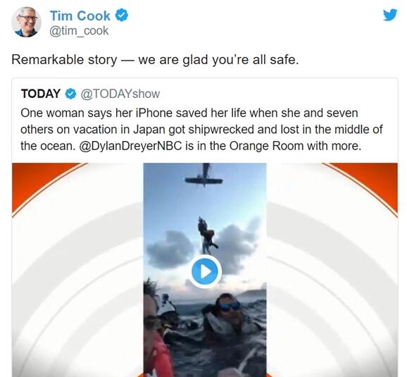 库克转发点赞：游客翻船后在水下用iPhone呼叫救援