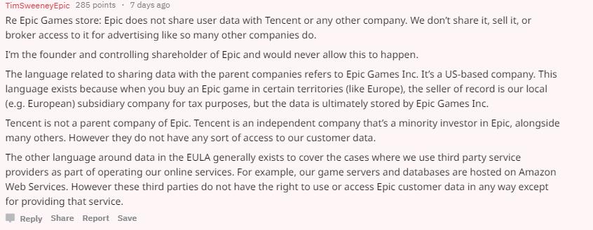 Epic Games创办人：我们没有给腾讯上传用户数据