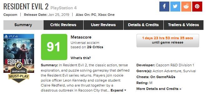 《生化危机2：重制版》媒体评分解禁 好评不断这游戏真香