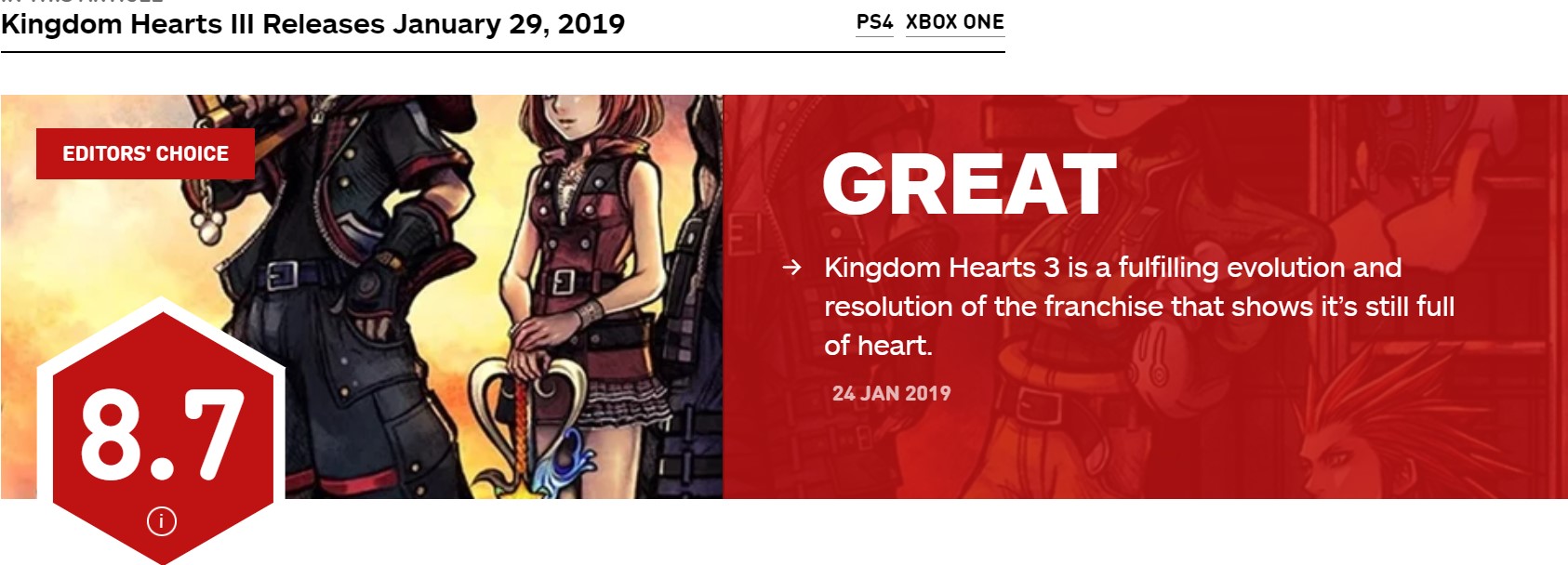 《王国之心3》IGN 8.7分 令人期待已久的动做RPG