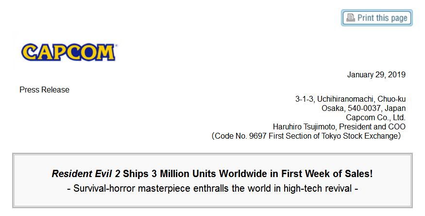 《生化危机2：重制版》首周销量出炉 全球卖了300万套