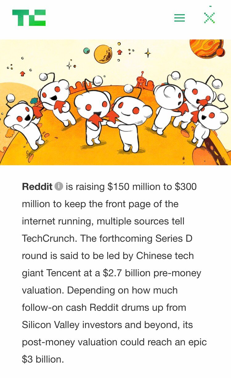 Reddit正寻供D轮融资3亿好元 由腾讯发投