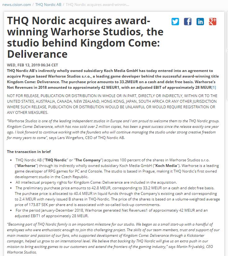 THQ Nordic收购《天国：拯救》开发商 继续独立运营