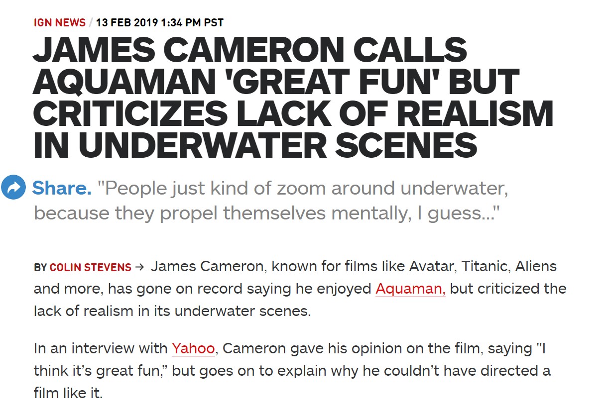 《海王》遭卡梅隆品评：水下场景出有实实