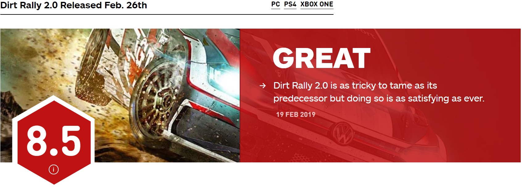 《尘土推力赛2.0》媒体评分化禁 获IGN 8.5分好评