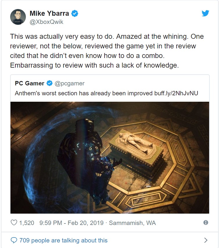 Xbox副总裁批评《圣歌》评测编辑：连连击都不知道还写什么评测