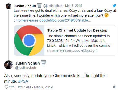 Chrome用户注意：应尽快升级浏览器到72.0.3626121