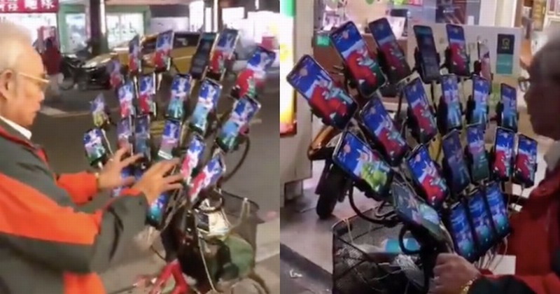 超硬核玩家！70岁台湾大爷同时用21部手机玩宝可梦