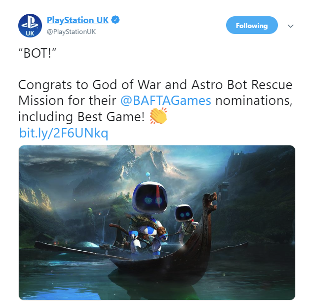 《战神4》《AstroBot》同获BAFTA提名 PS官推发趣图