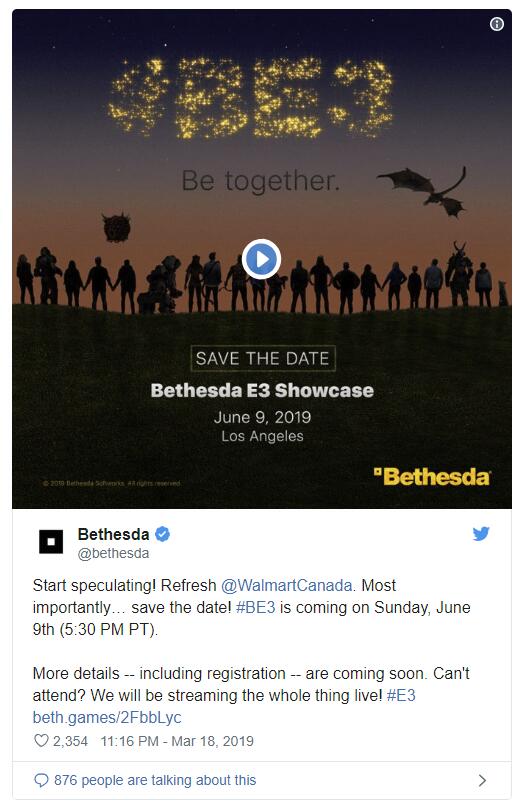 第五次登台 Bethesda E3 2019发布会锁定6月9日