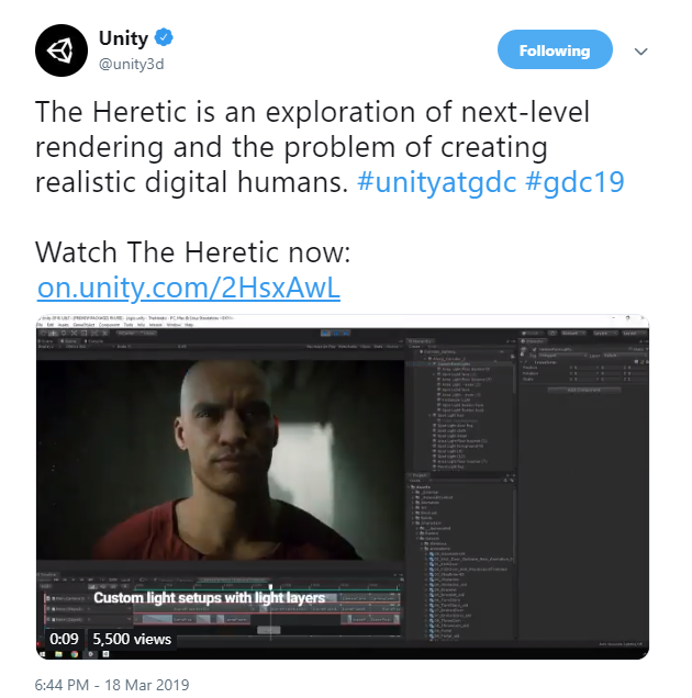 GDC 2019：Unity发布演示视频 《The Heretic》展现最新技术