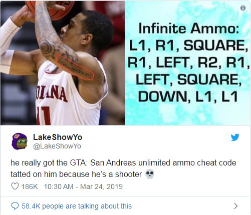 篮球明星也爱玩游戏 丹尼·格林身上纹《GTA》作弊码