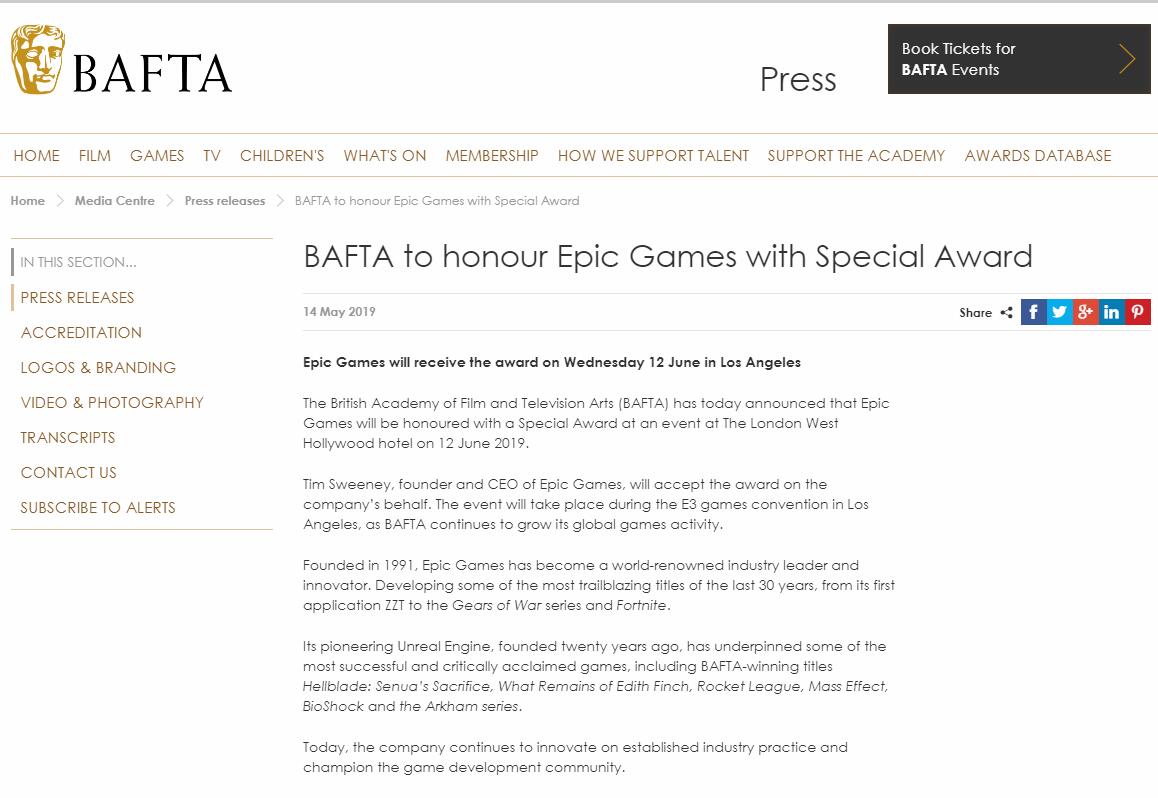 虚幻引擎立功 BAFTA将在E3授予Epic“年度特别大奖”