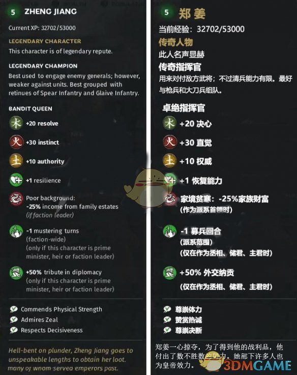 《全面战争：三国》木属性武将郑姜先天属性一览