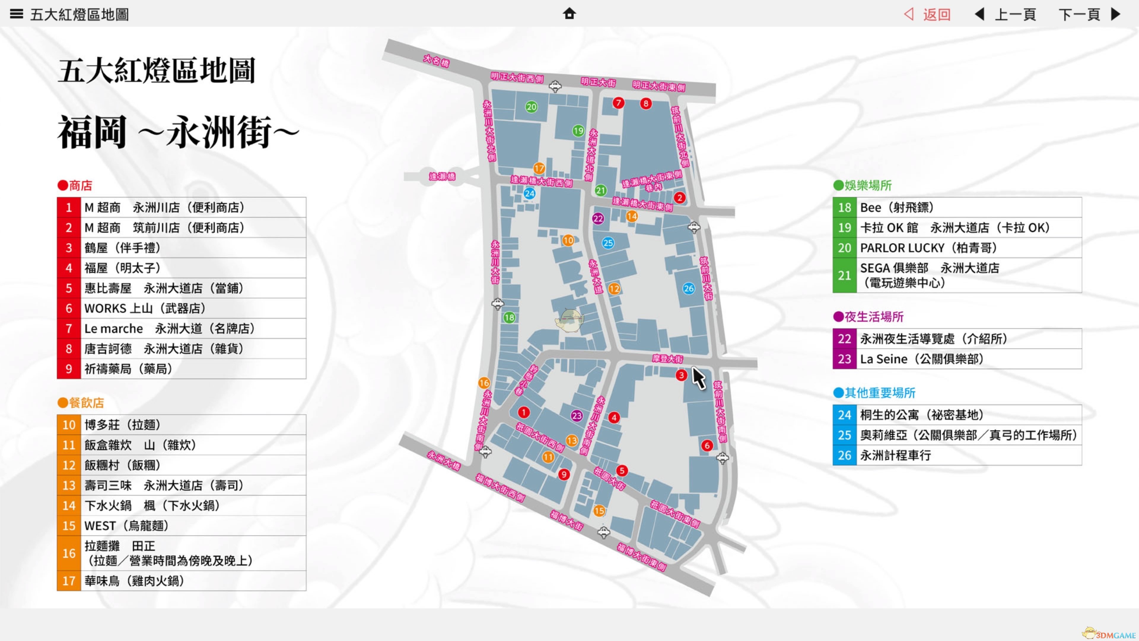 《如龙5：圆梦者》福冈永洲街全设施点地图一览
