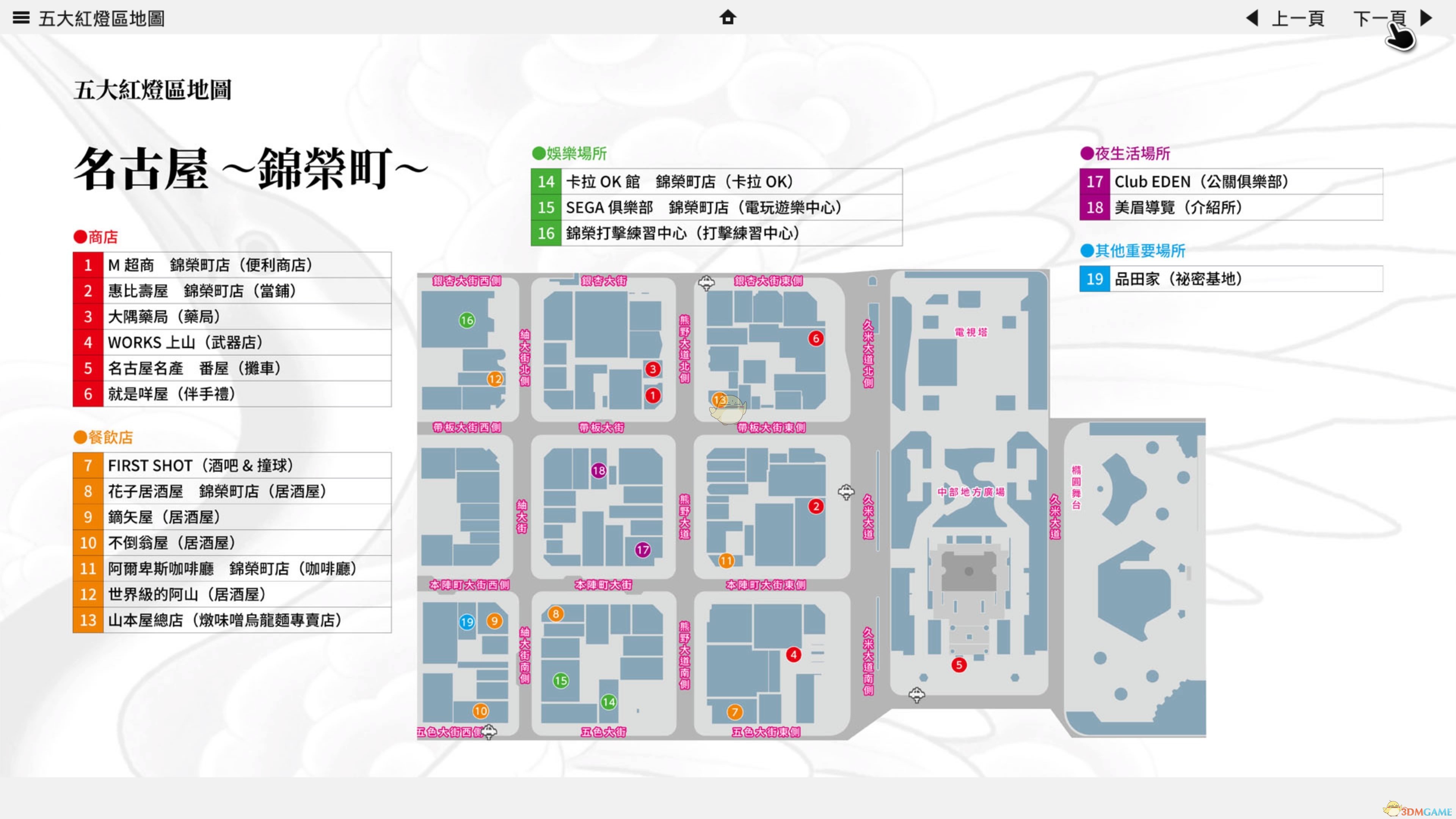 《如龙5：圆梦者》名古屋锦荣町全设施点地图一览