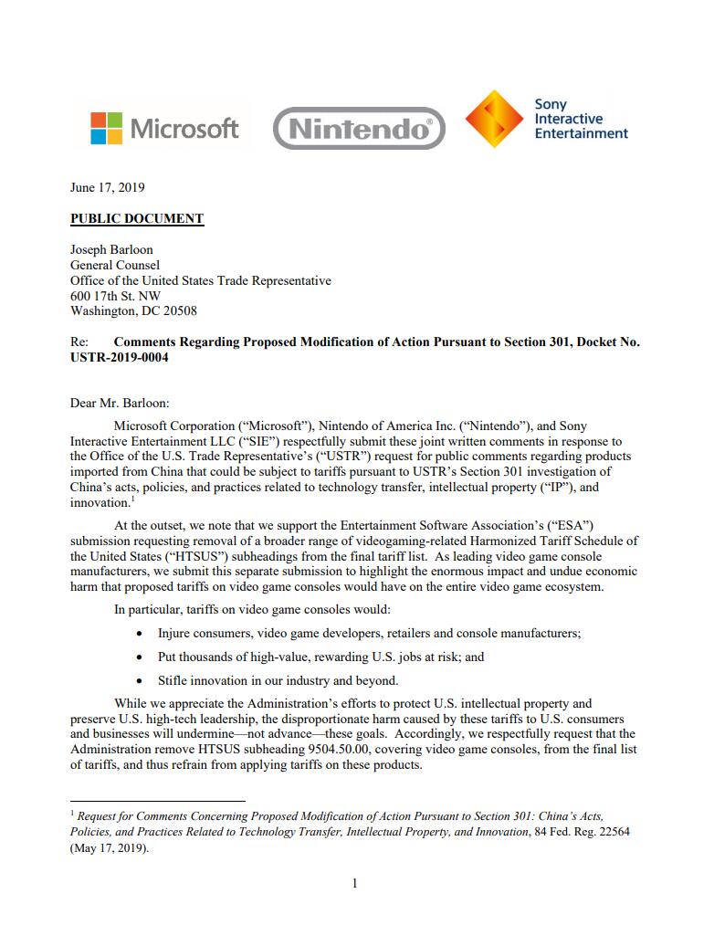微软索尼任天堂联合发文 反对美国对中国生产游戏机征收高额关税