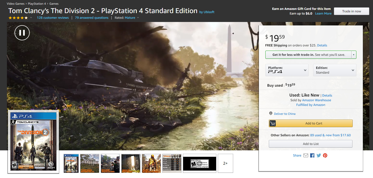 《全境封锁2》加入了亚马逊的促销行列 实体标准版游戏仅需20美元