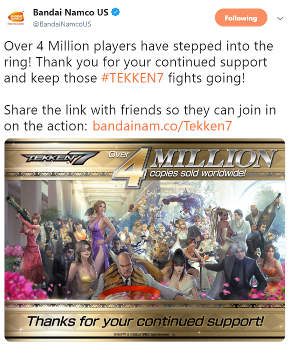 《铁拳7》全球销量突破400万 官方发贺图感谢玩家支持