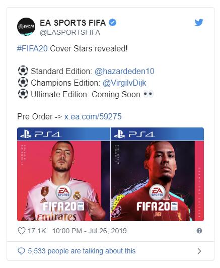 EA公布《FIFA 20》标准版/冠军版封面球星