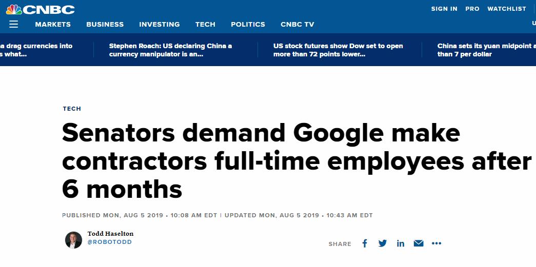 谷歌一时工人数近超正式工：议员致疑CEO施压