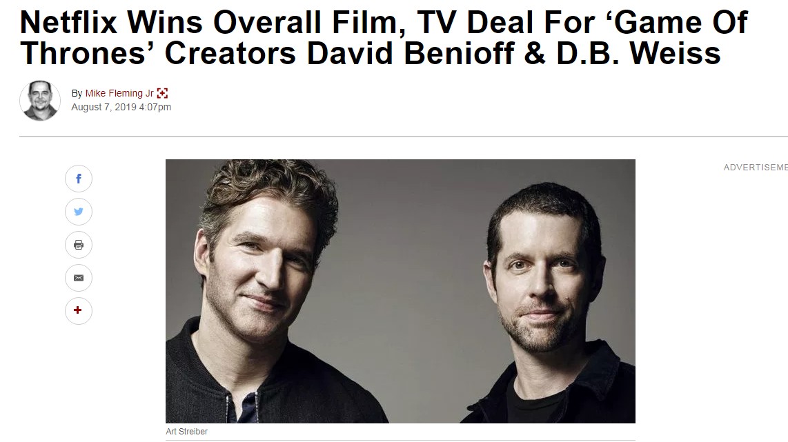 《权游》第8季编剧2DB从HBO去职 去到了Netflix